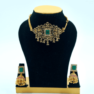 Green Stone and Gold Choker with Matching Earrings