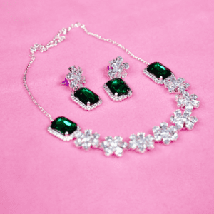Green and Crystal Necklace with Matching Earrings