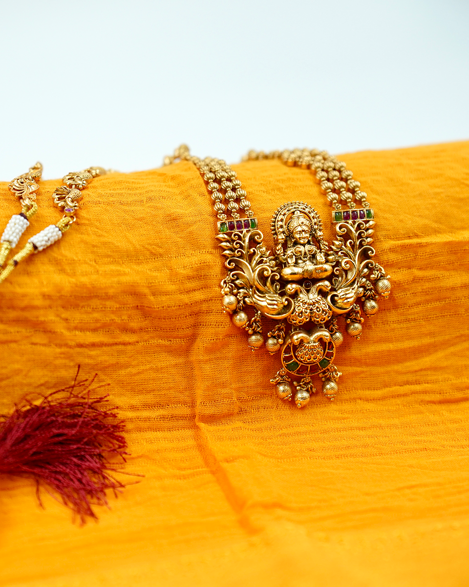 Traditional Lakshmi Haram - triple-layered chain with Matching Earrings - Image 2