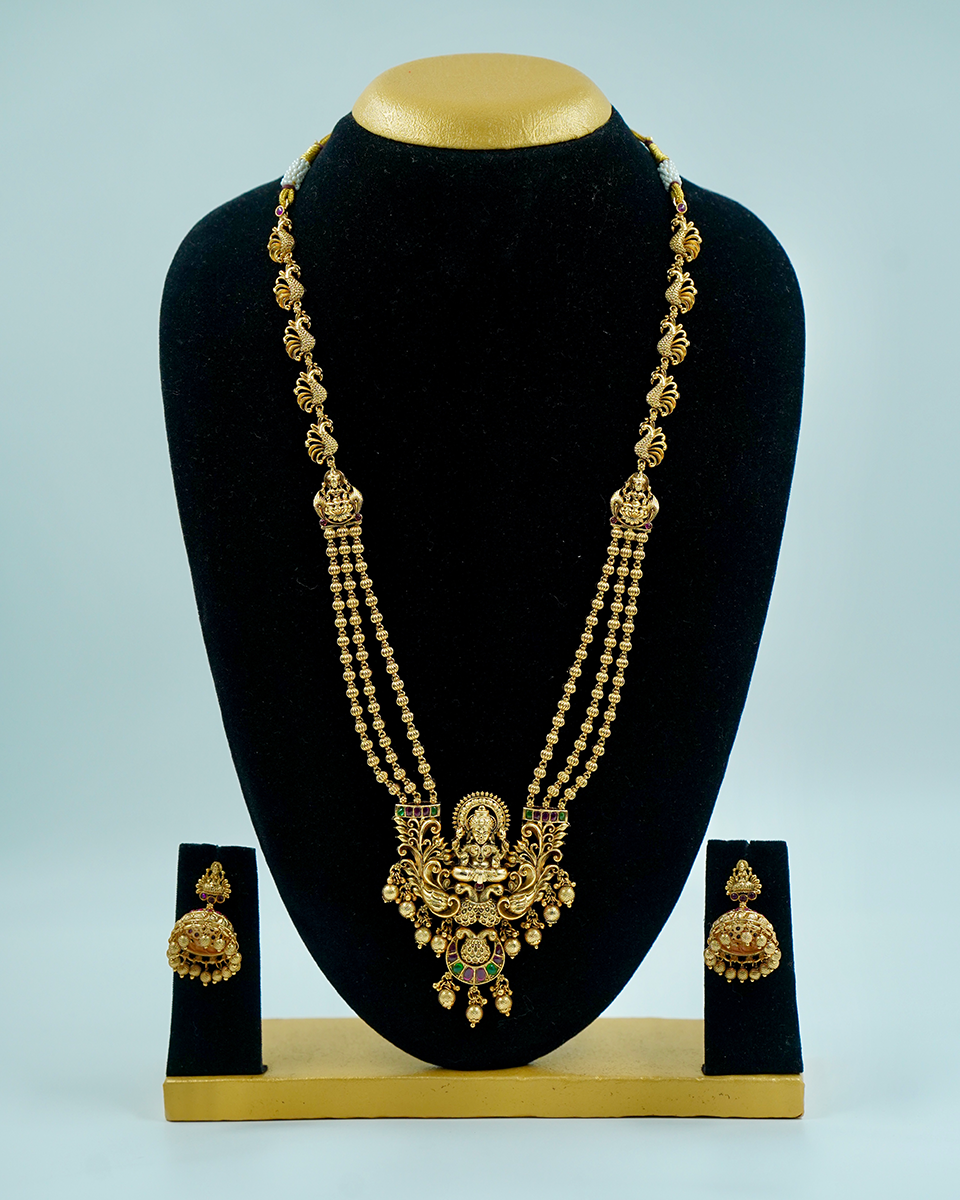 Traditional Lakshmi Haram - triple-layered chain with Matching Earrings