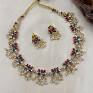 Floral Ruby Emerald Pearl Drop Necklace Set