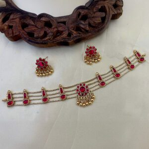 Ruby Floral Layered Gold Necklace Set