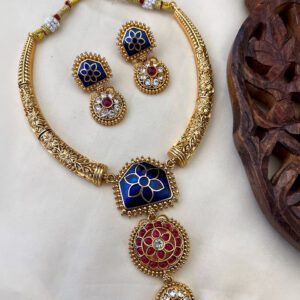 Blue Enamel Floral Heritage Gold Necklace Set