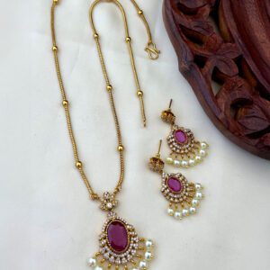 Ruby Pearl Drop Delicate Gold Necklace Set