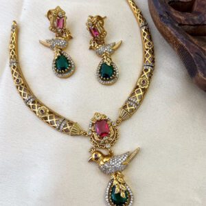Green & Pink Stone Bird Pendant Gold Necklace Set