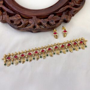Ruby Red & Green Mango Drop Gold Choker Set
