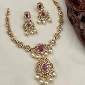 Ruby Crystal Pearl Drop Heritage Necklace Set