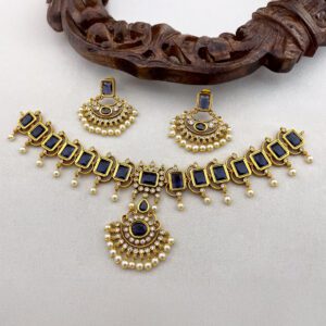 Midnight Blue Grid Pearl Drop Necklace Set